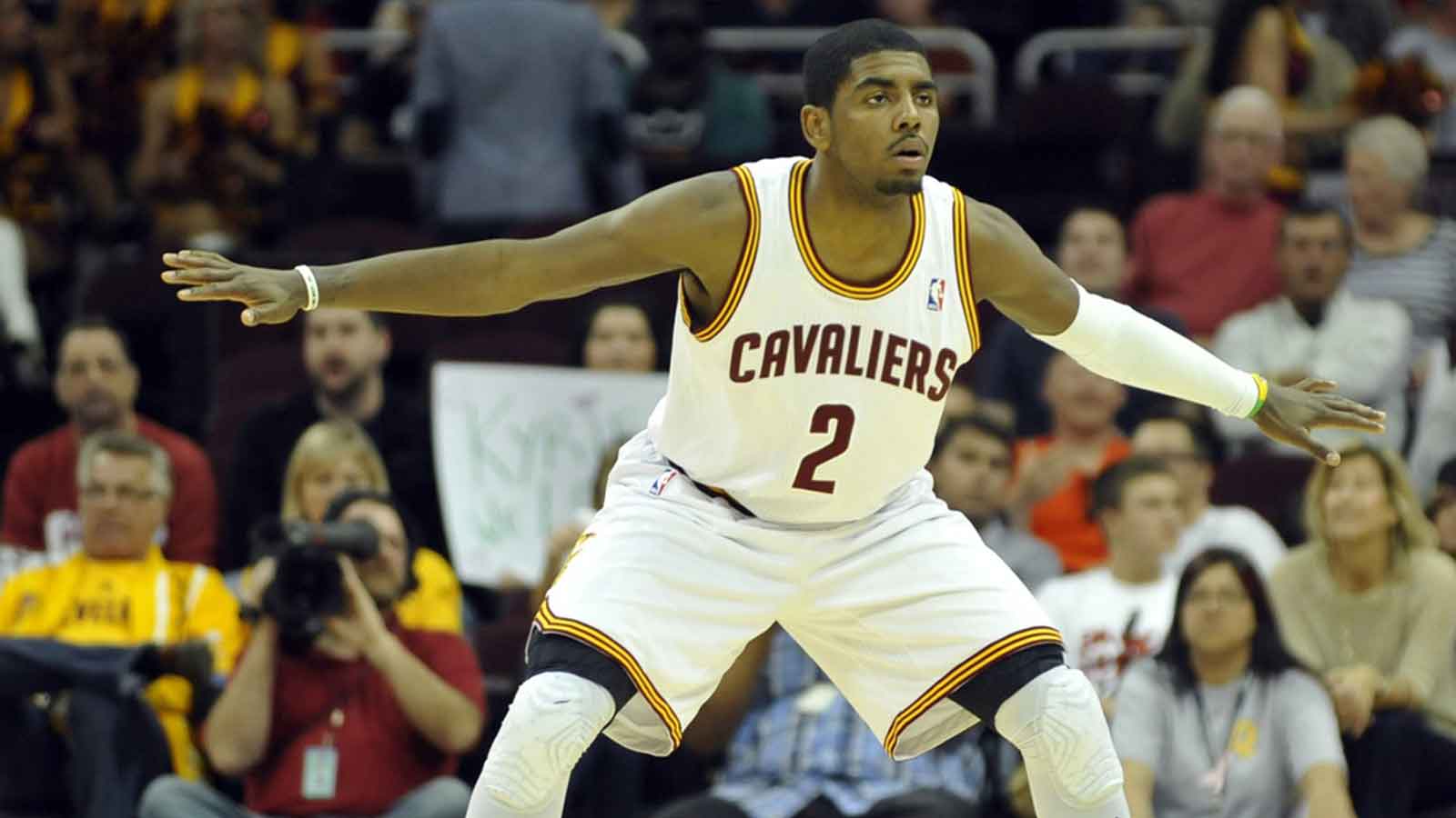 Cleveland Cavaliers point guard Kyrie Irving (2) plays defense in the second quarter against the Philadelphia 76ers at Quicken Loans Arena.