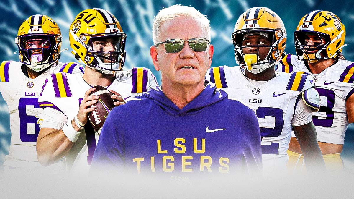 Coach Brian Kelly in the middle, Garrett Nussmeier, Harlem Berry, Barion Brown, West Weeks all around him, Broken glass in the background