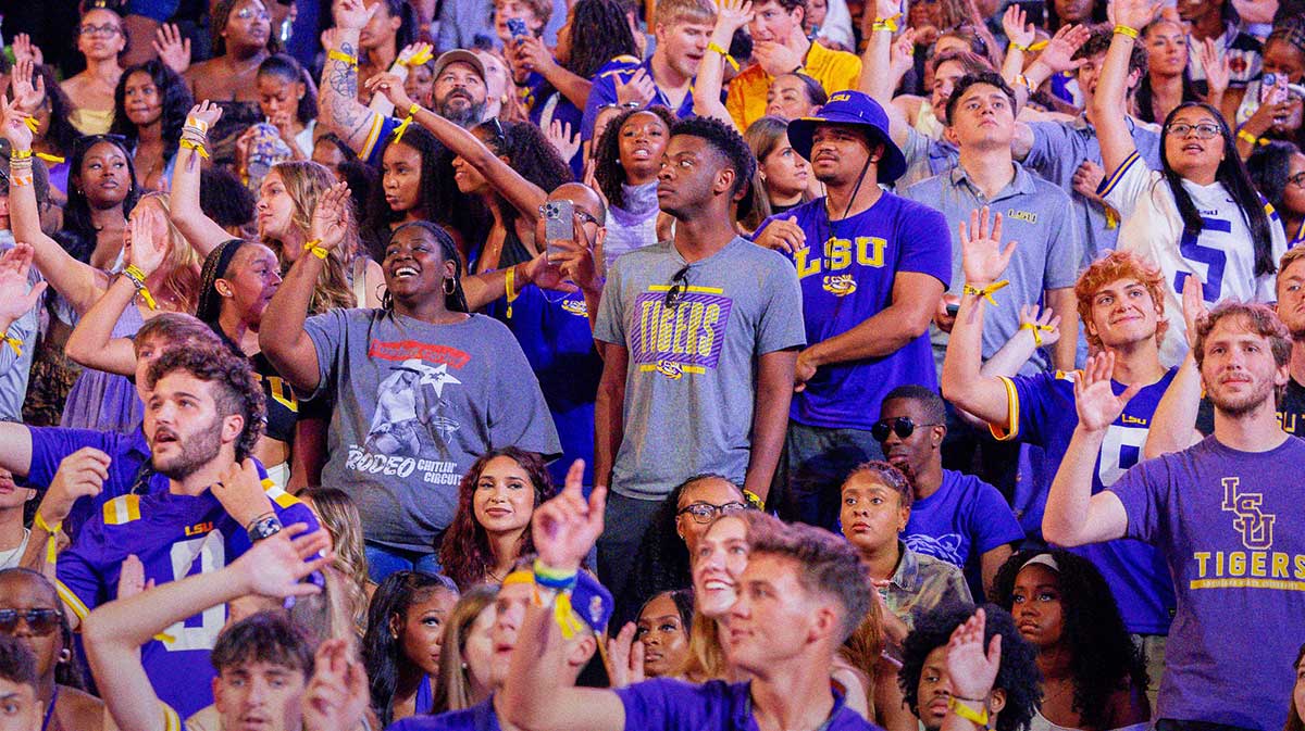 LSU Tigers fans cheer on a time out against the South Carolina Gamecocks during the first half at Tiger Stadium.