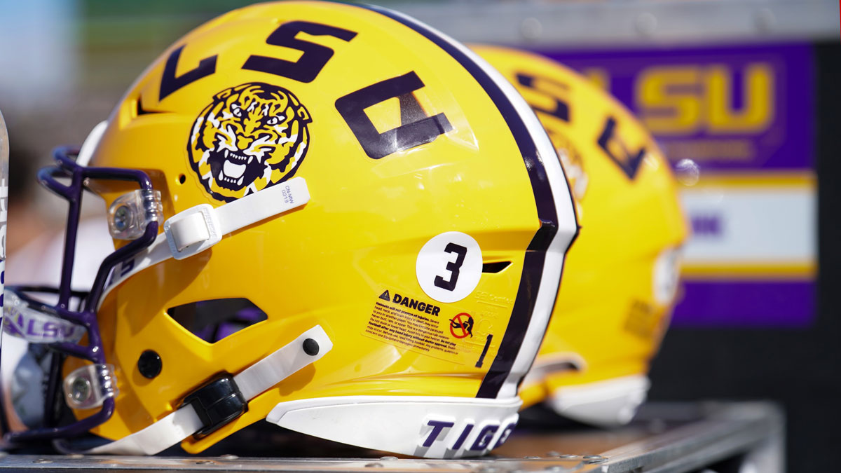 A general view of a LSU Tigers helmet against the Missouri Tigers during the first half at Faurot Field at Memorial Stadium.