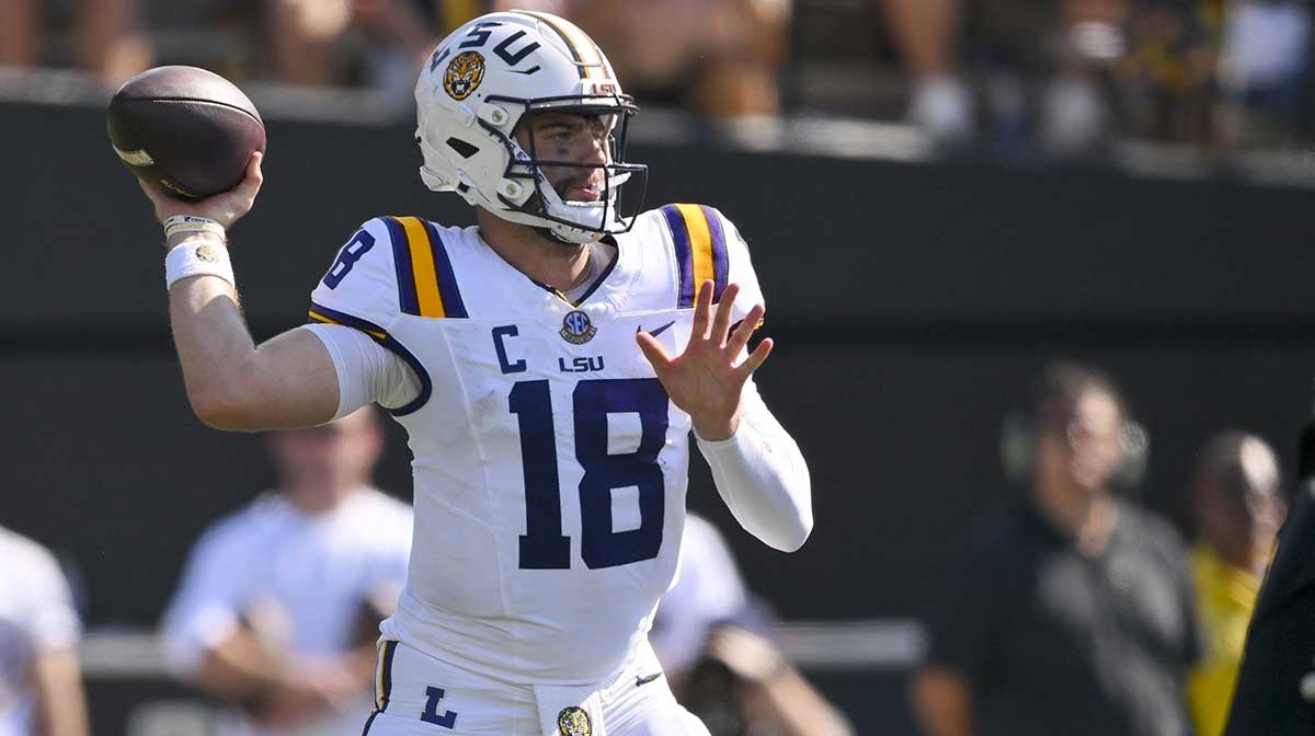 Louisiana State Tigers quarterback Garrett Nussmeier (18) stands in the pocket against the Vanderbilt Commodores during the first half at FirstBank Stadium.