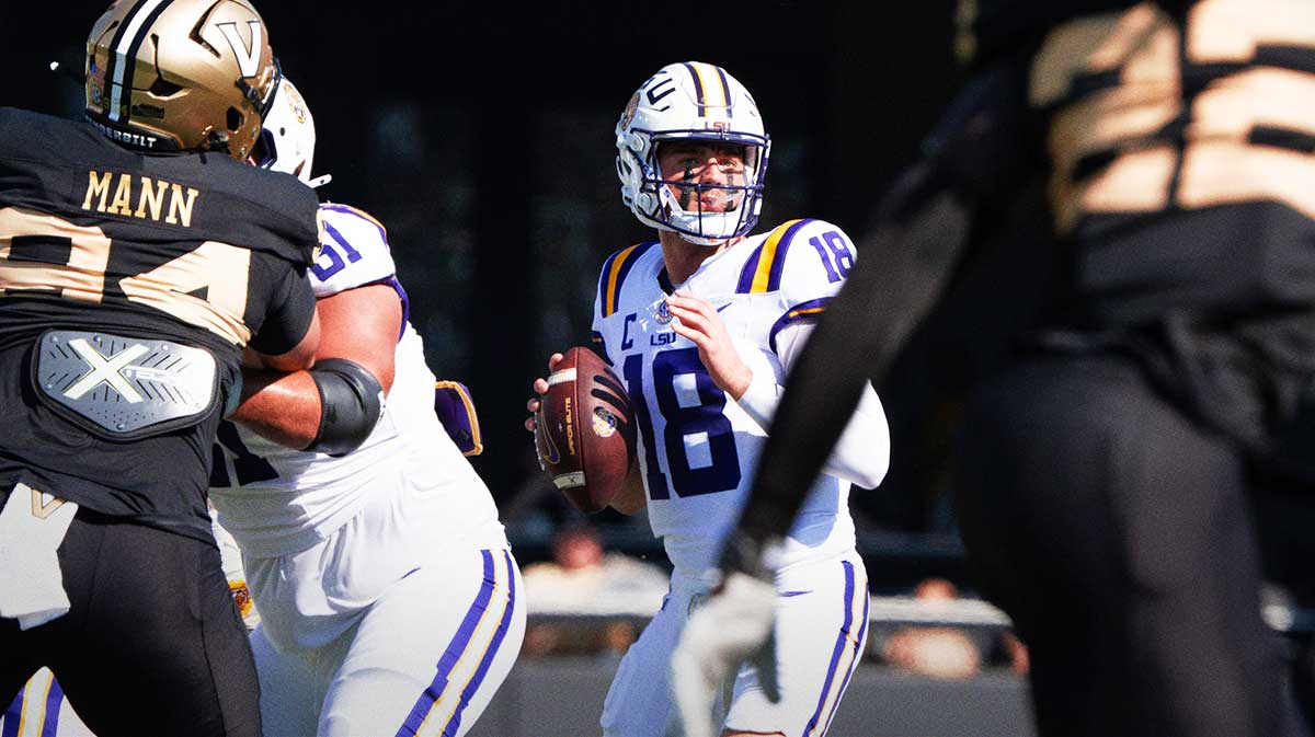 Louisiana State University quarterback Garrett Nussmeier (18) looks to pass during the game between Vanderbilt University and Louisiana State University at FirstBank Stadium in Nashville, Tenn., Saturday, Oct. 18, 2025.