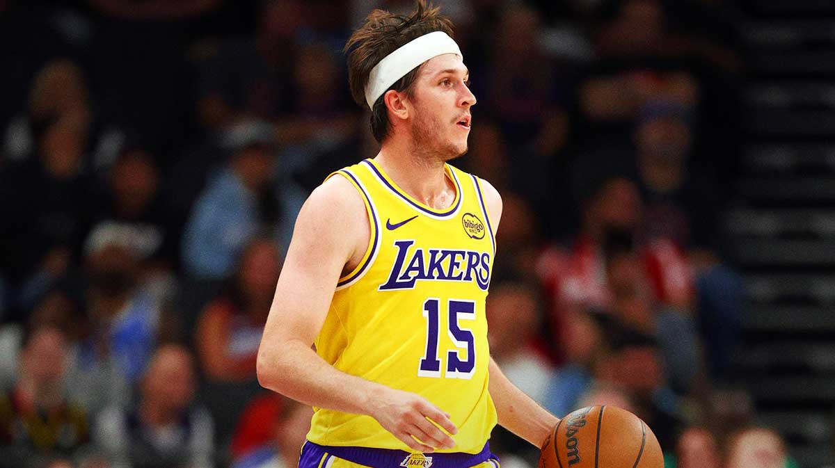 Lakers guard Austin Reaves recreates a LeBron James meme from the NBA Bubble after the Lakers’ 126-116 NBA Preseason win over the Warriors.