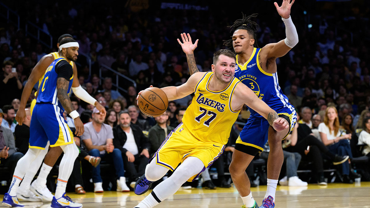 Lakers guard Luka Doncic (77) drives past
