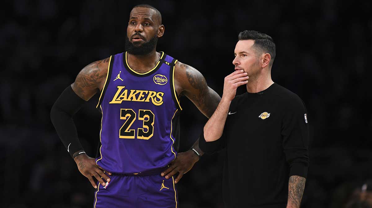 Lakers forward LeBron James (23) with Los Angeles Lakers head coach JJ Redick against the Phoenix Suns during the first half at Crypto.com Arena