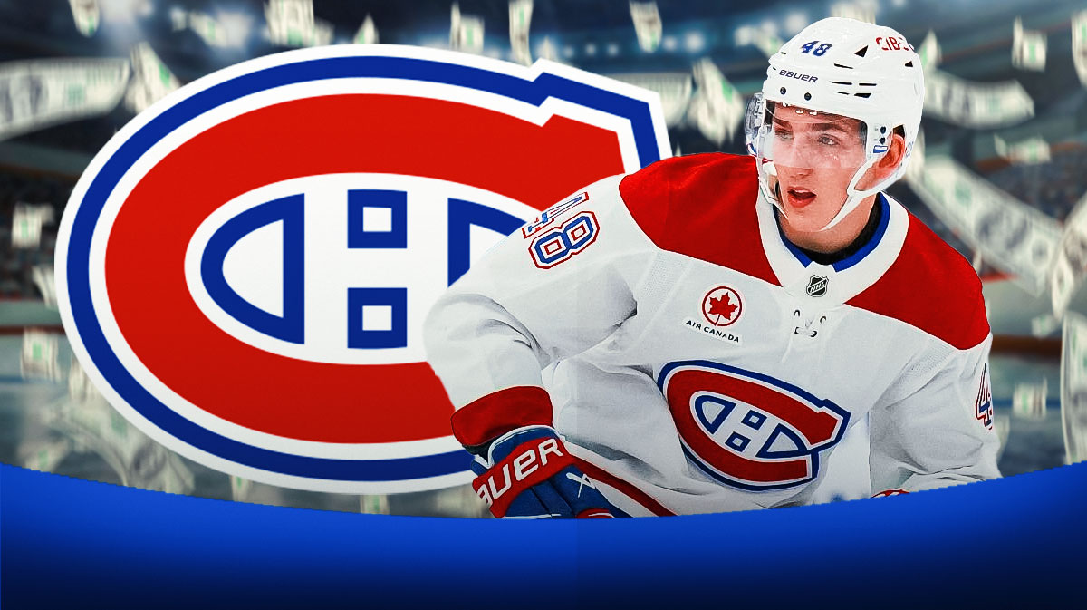 Lane hutson with money around him. Canadiens logo in the background.