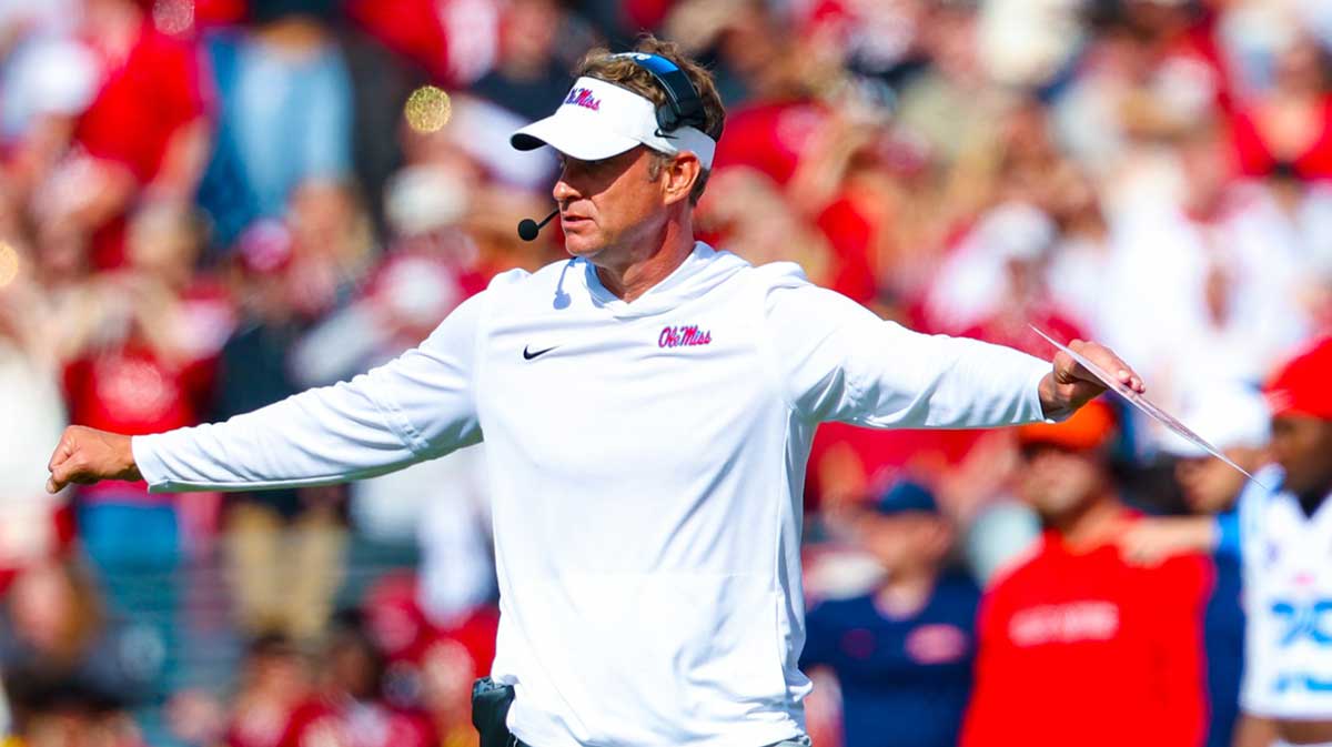 Ole Miss Rebels head coach Lane Kiffin reacts during the second half against the Oklahoma Sooners at Gaylord Family-Oklahoma Memorial Stadium.