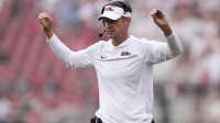 Mississippi Rebels head coach Lane Kiffin reacts during the second half of the game against the Georgia Bulldogs at Sanford Stadium.
