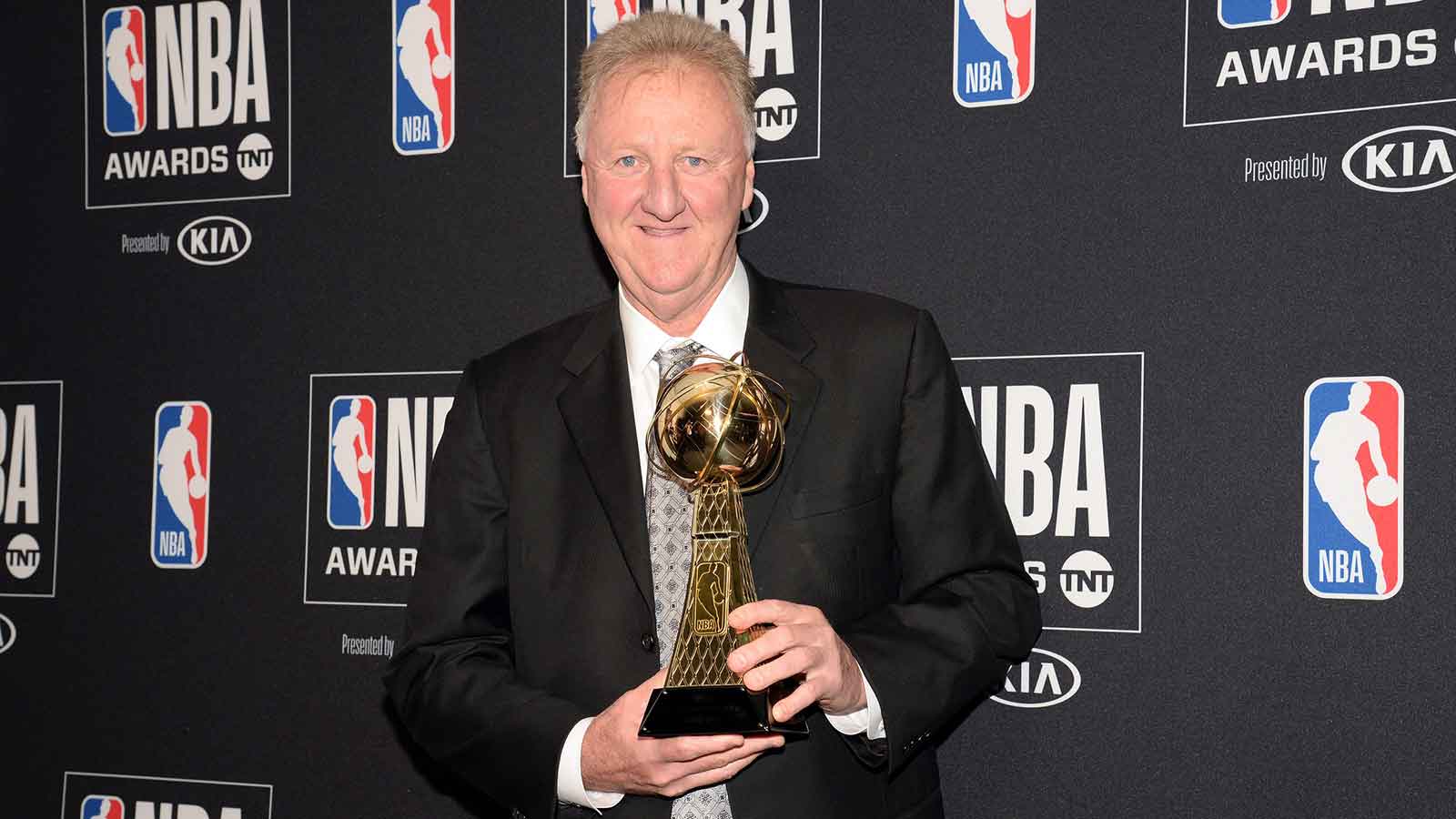 NBA former player Larry Bird poses with his lifetime achievement award at the 2019 NBA Awards show at Barker Hanger. 