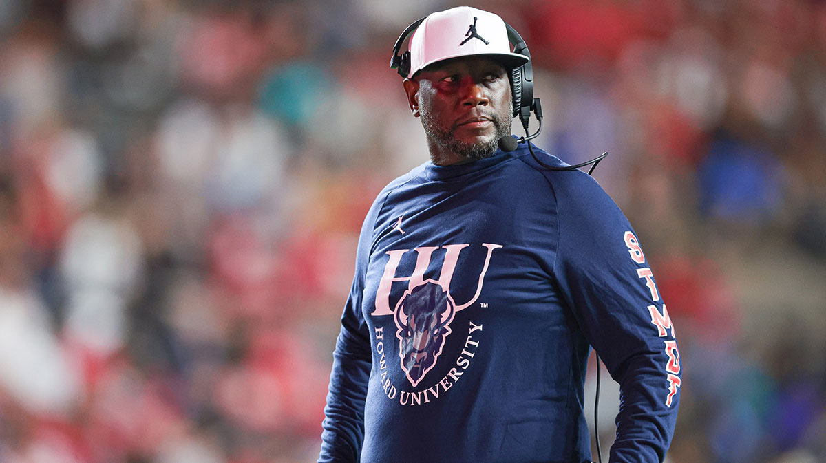 Aug 29, 2024; Piscataway, New Jersey, USA; Howard Bison head coach Larry Scott looks on during the second half against the Rutgers Scarlet Knights at SHI Stadium