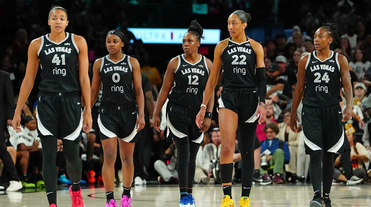 Las Vegas Aces center Kiah Stokes (41), Las Vegas Aces guard Jackie Young (0), Las Vegas Aces guard Chelsea Gray (12), Las Vegas Aces center A'ja Wilson (22), and Las Vegas Aces guard Jewell Loyd (24) take the court after an Indiana Fever time out in the fourth quarter of game five of the second round for the 2025 WNBA Playoffs at Michelob Ultra Arena
