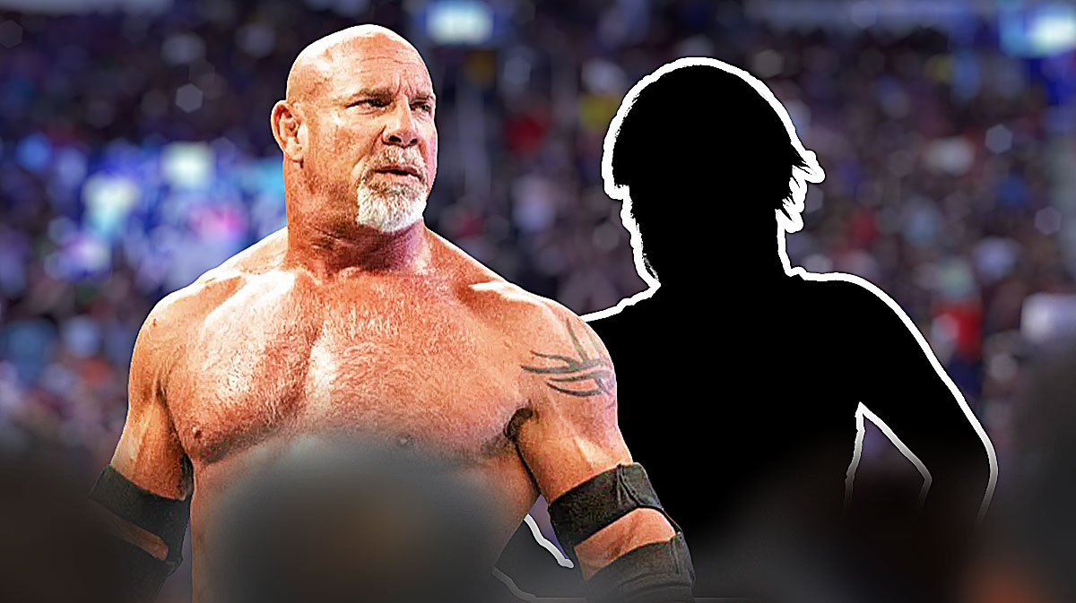 WWE stars Goldberg and a silhouette of Asuka.