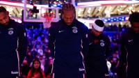 Los Angeles Clippers forward Kawhi Leonard (2) stands during the playing of the national anthem before the game against the Sacramento Kings at Golden 1 Center.