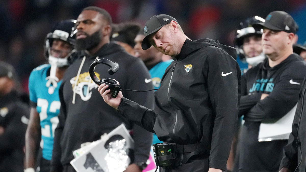 Jacksonville Jaguars head coach Liam Coen reacts after a play against the Los Angeles Rams during the second half of an NFL International Series game at Wembley Stadium.