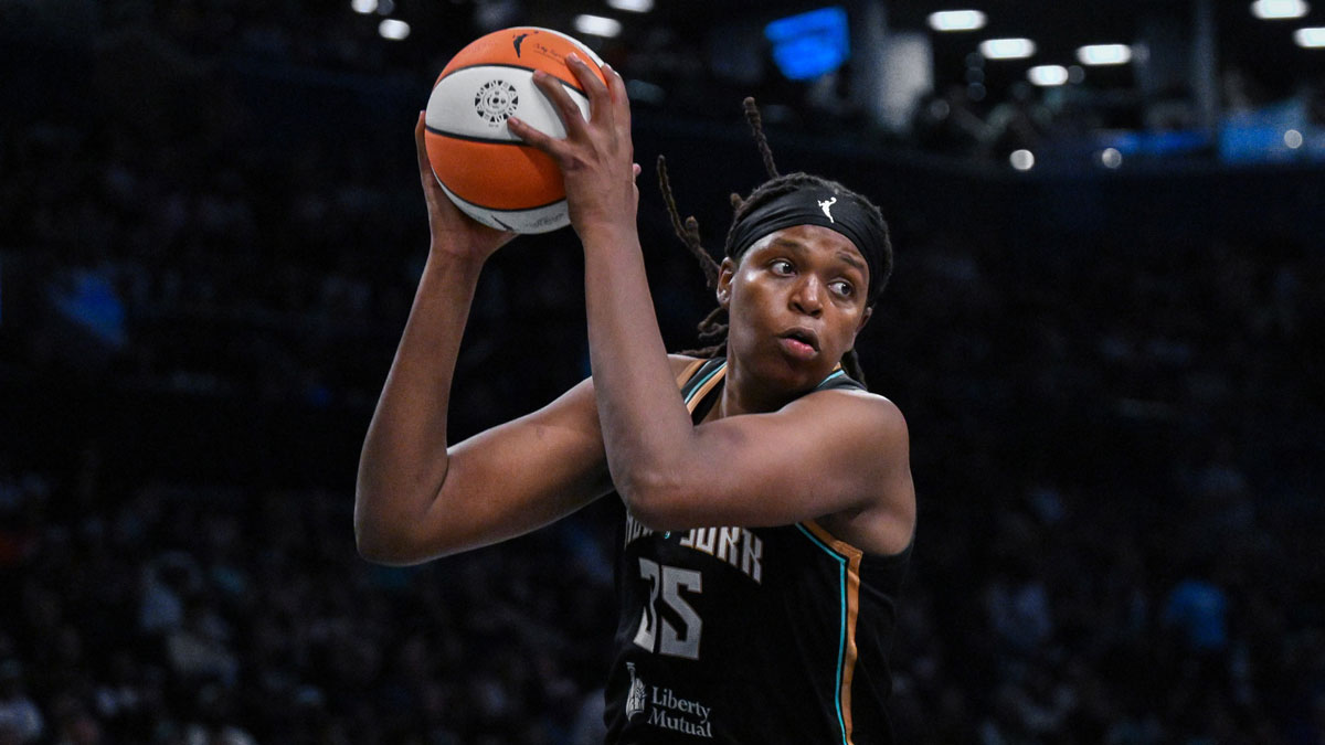 New York Liberty center Jonquel Jones (35) rebounds the ball during the second half against the Minnesota Lynx at Barclays Center.