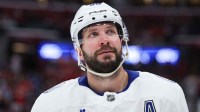 ampa Bay Lightning right wing Nikita Kucherov (86) looks on against the Florida Panthers in the second period during game three of the first round of the 2025 Stanley Cup Playoffs at Amerant Bank Arena.