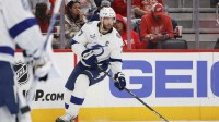 Tampa Bay Lightning defenseman Victor Hedman (77) handles the puck during the second period against the Detroit Red Wings at Little Caesars Arena.