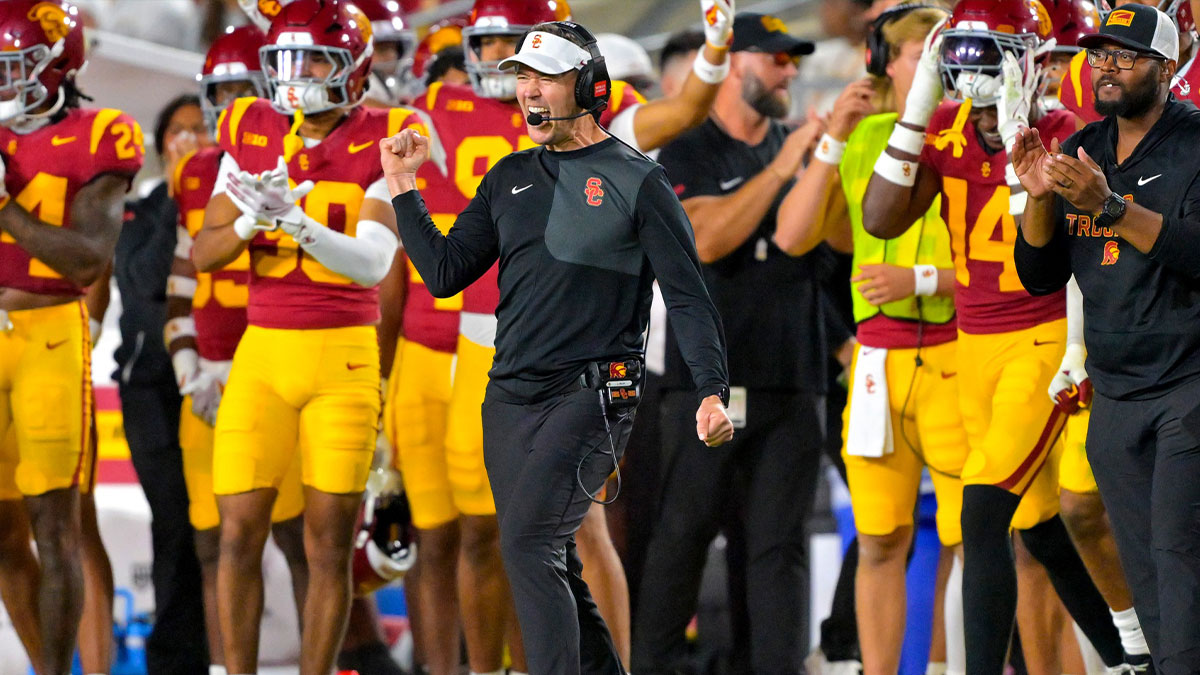USC Trojans head coach Lincoln Riley celebrates after kicker Ryon Sayeri (48) hit a 54-yard field goal in the second half against the Michigan Wolverines at United Airlines Field at the Los Angeles Memorial Coliseum.