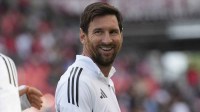 Inter Miami CF forward Lionel Messi (10) smiles during warm up before a match against Toronto FC at BMO Field.