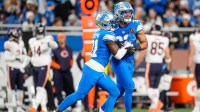 Detroit Lions safety Kerby Joseph (31), left, and safety Brian Branch (32) celebrate a play against Chicago Bears during the first half.