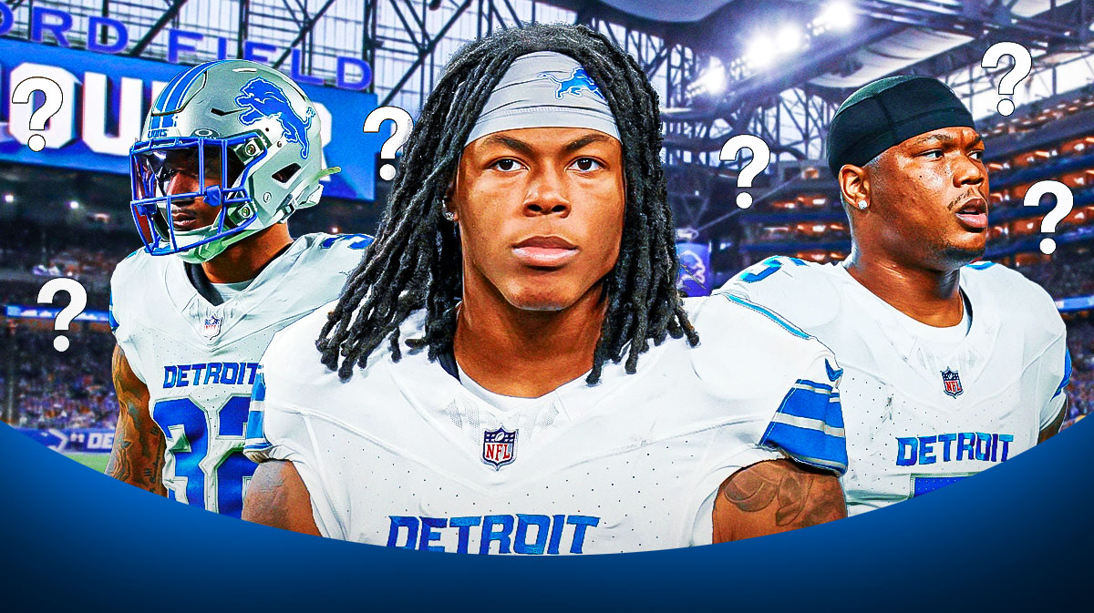 Detroit Lions RBs Jahmyr Gibbs and David Montgomery next to Lions safety Brian Branch. They are all surrounded by question mark emojis.
