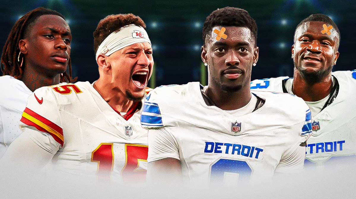 Patrick Mahomes, Xavier Worthy looking at Terrion Arnold, Rock Ya-Sin. Last two names have a band-aid on their forehead/looks injured