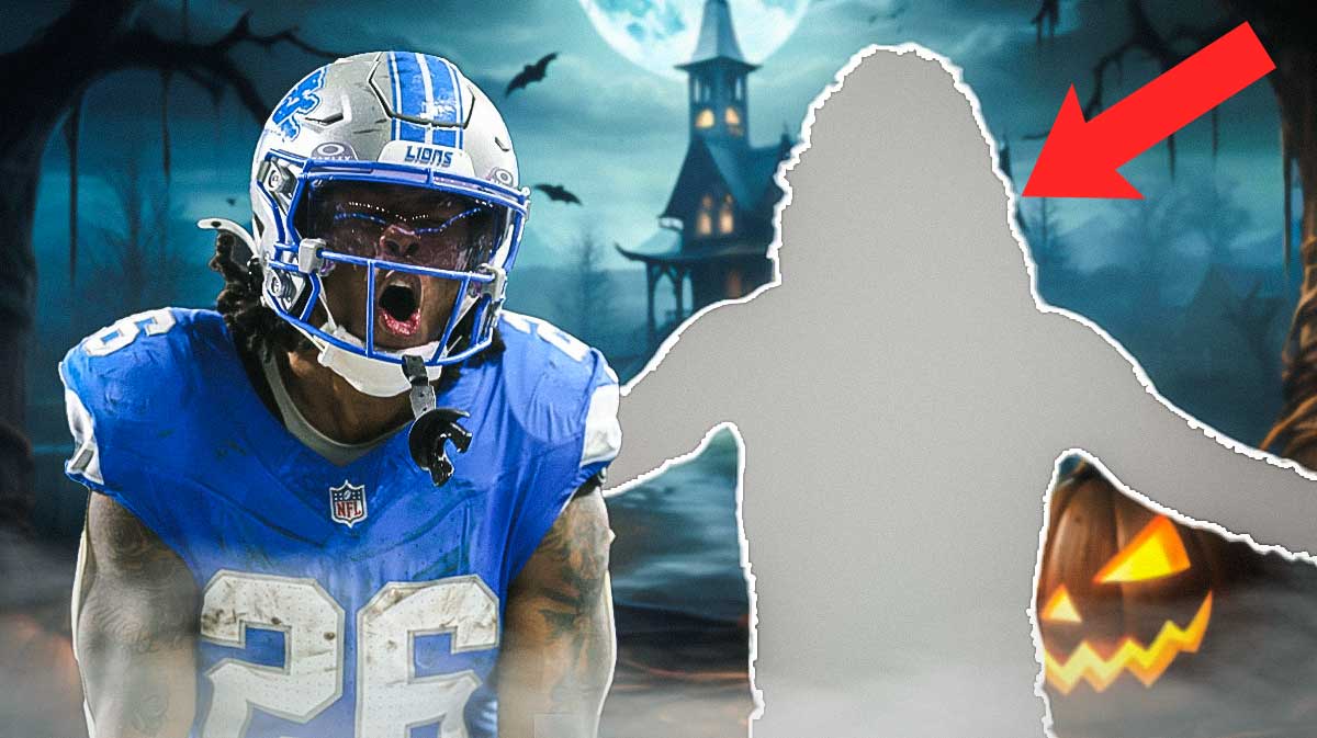 Detroit Lions running back Jahmyr Gibbs next to silhouette of WWE legend Jeff Hardy with Halloween background.