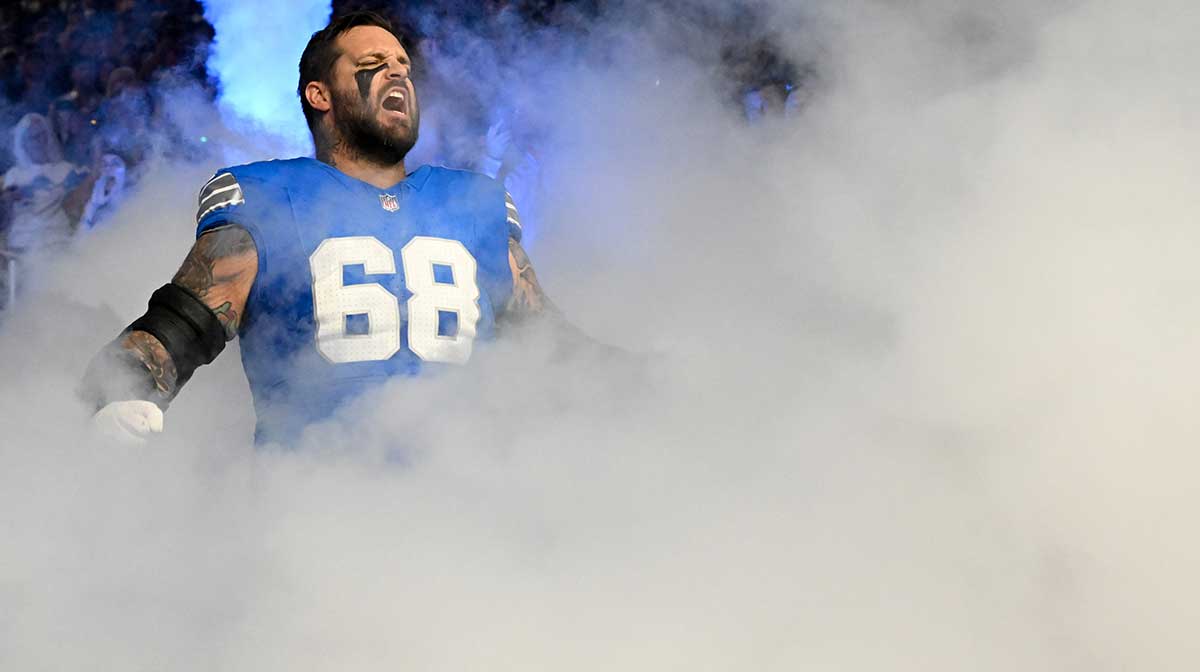 Detroit Lions offensive tackle Taylor Decker (68) runs onto the field prior to the game against the Chicago Bears at Ford Field.