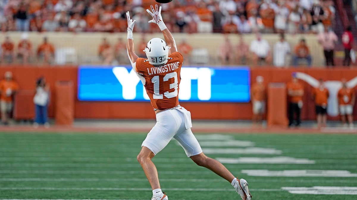 Texas Longhorns wide receiver Parker Livingstone (13) catches a pass during the first half against the Sam Houston Bearkats at Darrell K Royal-Texas Memorial Stadium.