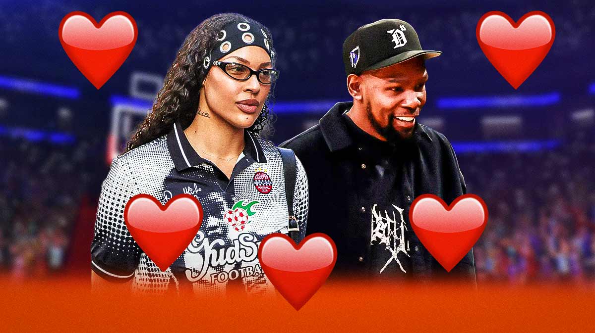 Liz Cambage and Kevin Durant, who are not dating, with hearts around them.