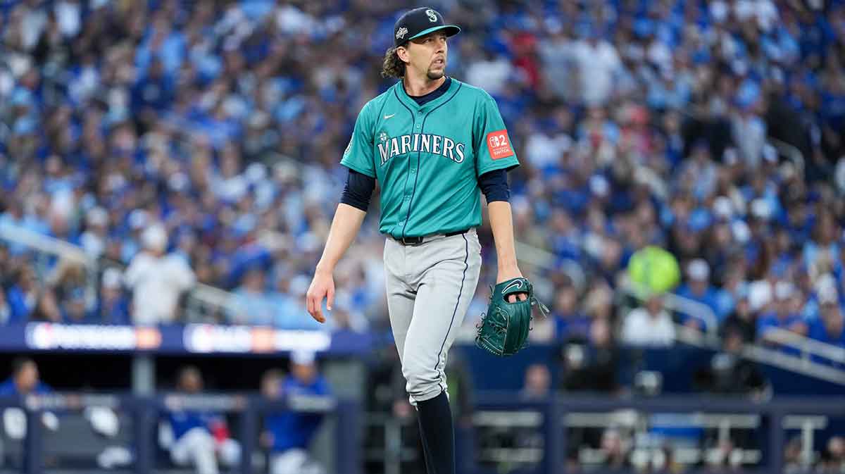 Seattle Mariners pitcher Logan Gilbert (36) walks toward the dugout at the end of third inning against the Toronto Blue Jays during game two of the ALCS round for the 2025 MLB playoffs at Rogers Centre.