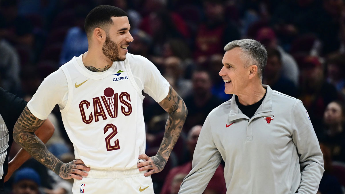 Oct 7, 2025; Cleveland, Ohio, USA; Cleveland Cavaliers guard Lonzo Ball (2) talks to Chicago Bulls Head Coach Billy Donovan during the first half at Rocket Arena.