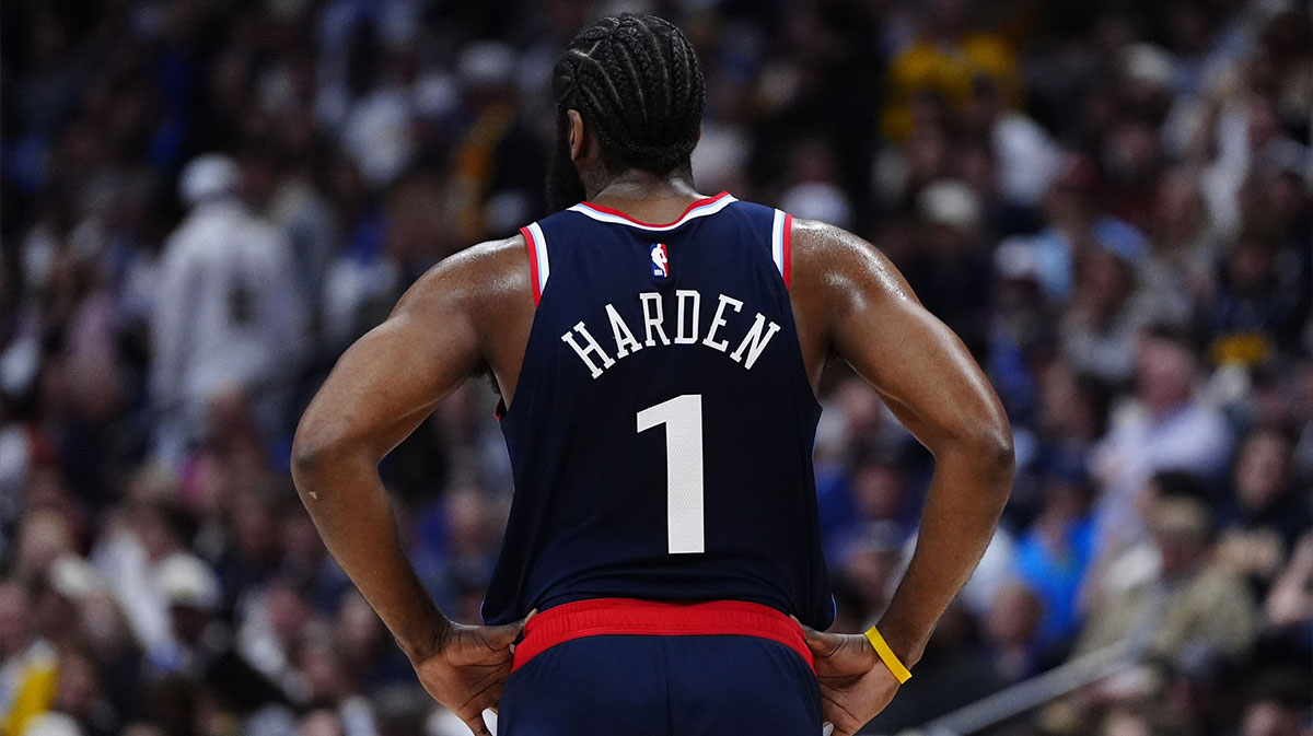 LA Clippers guard James Harden (1) during the fourth quarter against the Denver Nuggets during game five of the first round for the 2025 NBA Playoffs at Ball Arena.