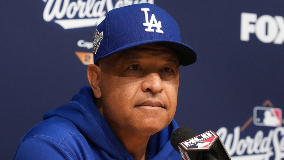 Los Angeles Dodgers manager Dave Roberts (30) speaks in a press conference before game five of the 2025 MLB World Series against the Toronto Blue Jays at Dodger Stadium. Mandatory Credit: Kirby Lee-Imagn Images