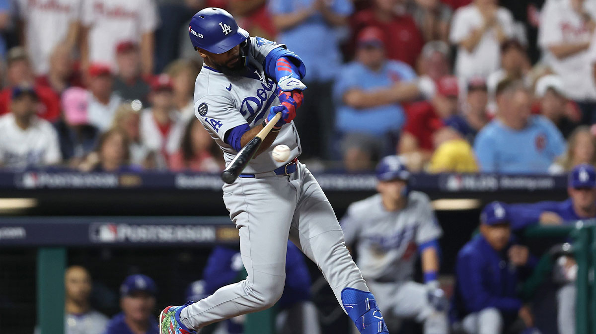 Los Angeles Dodgers right fielder Teoscar Hernandez (37) hits a three run home run against the Philadelphia Phillies in the seventh inning during game one of the NLDS round for the 2025 MLB playoffs at Citizens Bank Park.