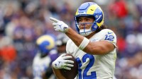 Los Angeles Rams wide receiver Puka Nacua (12) celebrates after a play against the Baltimore Ravens