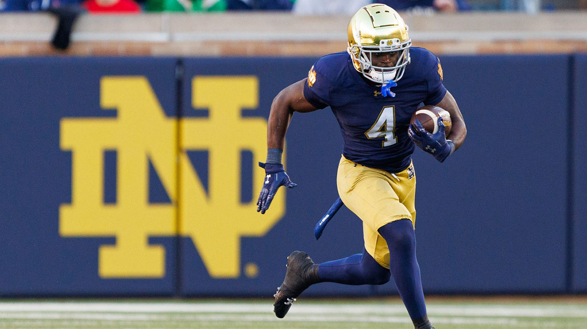 Notre Dame running back Jeremiyah Love runs with the ball in the second half of a NCAA football game against NC State at Notre Dame Stadium on Saturday, Oct. 11, 2025, in South Bend.