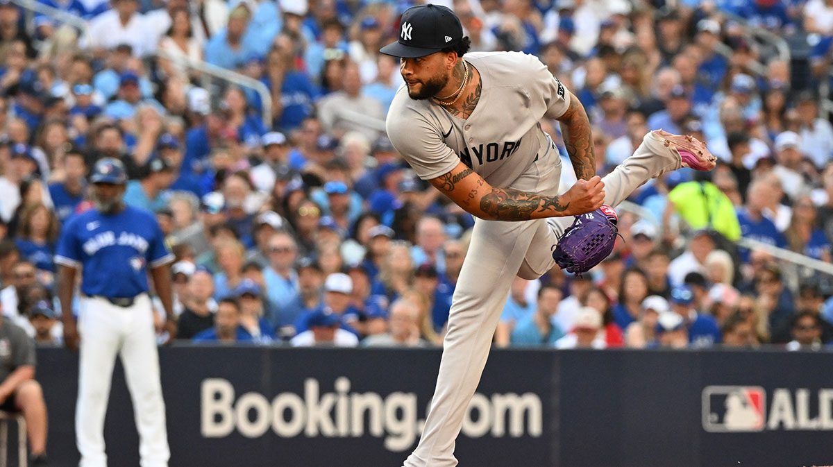 New York Yankees pitcher Luis Gil (81) throws in the first inning against the Toronto Blue Jays during game one of the ALDS round for the 2025 MLB playoffs at Rogers Centre. 