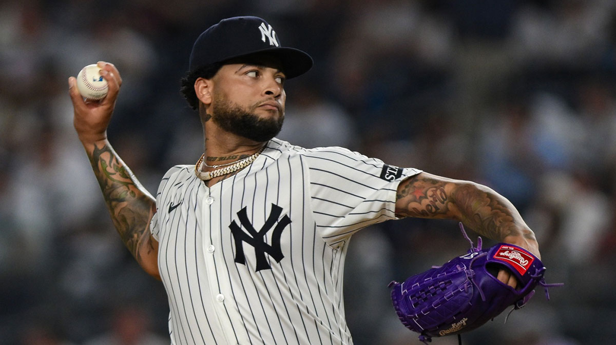 New York Yankees pitcher Luis Gil (81) pitches against the Chicago White Sox during the first inning at Yankee Stadium.