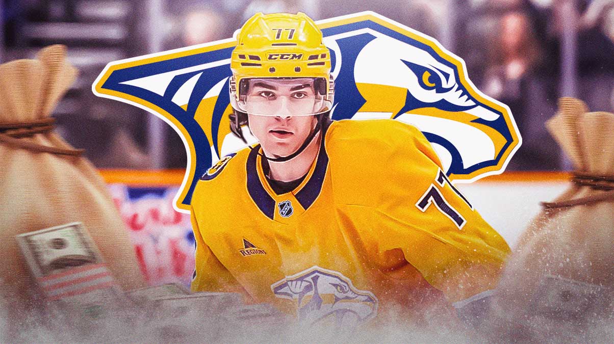 Luke Evangelista with money all around him, predators logo in the background.