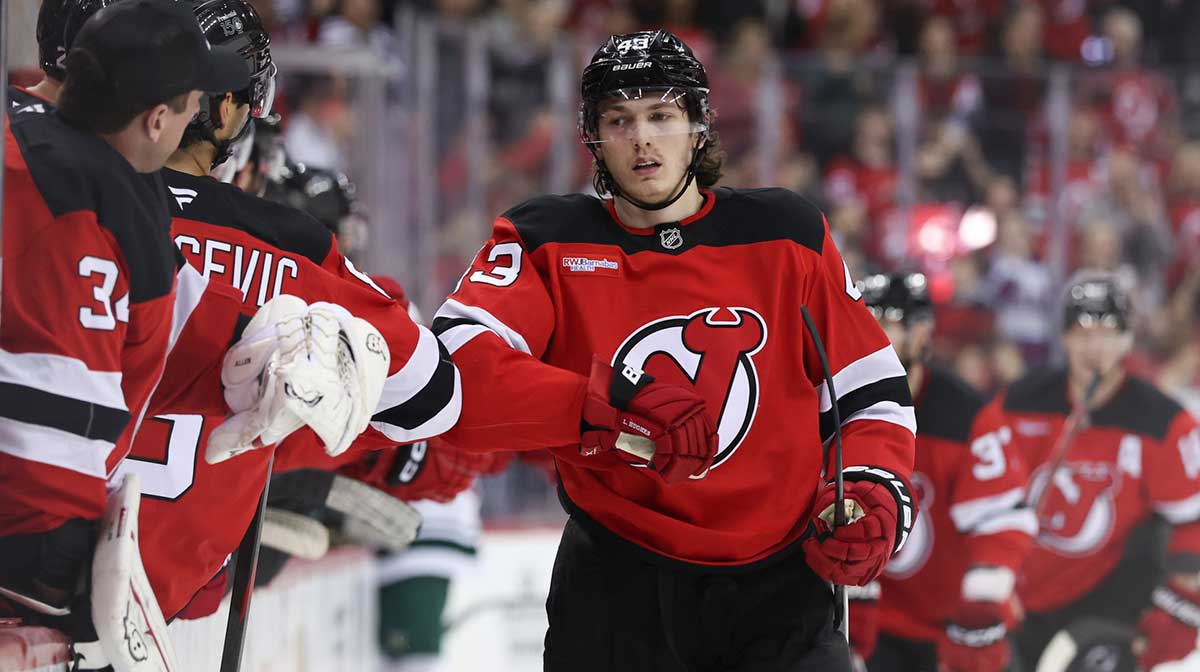 New Jersey Devils defenseman Luke Hughes (43) celebrates his goal against the Minnesota Wild during the first period at Prudential Center.