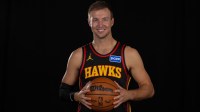 Atlanta Hawks guard Luke Kennard (3) poses for a photo during Media Day.