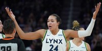 Minnesota Lynx forward Napheesa Collier (24) argues with the umpire Gina Cross during the fourth quarter in the game against the Golden State Valkyries at Chase Center.