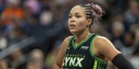 Minnesota Lynx forward Napheesa Collier (24) looks on against the Golden State Valkyries in the second half during game one of round one for the 2025 WNBA Playoffs at Target Center.