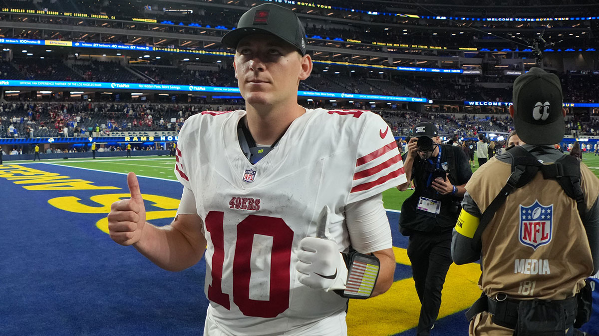 San Francisco 49ers quarterback Mac Jones (10) reacts after the game against the Los Angeles Rams at SoFi Stadium.