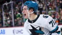 San Jose Sharks center Macklin Celebrini (71) celebrates his game winning overtime goal against the Minnesota Wild at Grand Casino Arena.