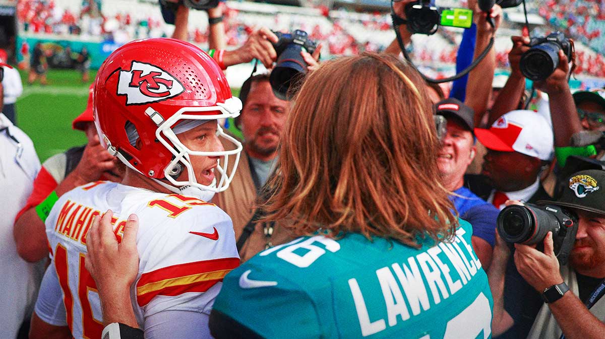 Kansas City Chiefs quarterback Patrick Mahomes (15) says goodbye to Jacksonville Jaguars quarterback Trevor Lawrence (16) after a NFL football game Sunday, Sept. 17, 2023 at EverBank Stadium in Jacksonville, Fla. The Kansas City Chiefs defeated the Jacksonville Jaguars 17-9
