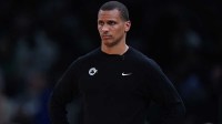 Boston Celtics head coach Joe Mazzulla watches from the sideline as they take on the New York Knicks during game one of the second round for the 2025 NBA Playoffs at TD Garden.