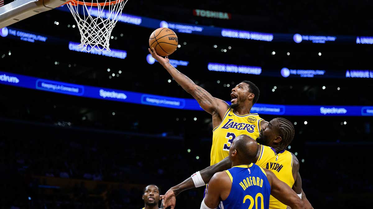 Los Angeles Lakers guard Marcus Smart (36) shoots during the first half against the Golden State Warriors at Crypto.com Arena.