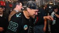 Seattle Mariners first baseman Josh Naylor (12) celebrates in the locker room after defeating the Detroit Tigers in game five of the ALDS round for the 2025 MLB playoffs at T-Mobile Park.